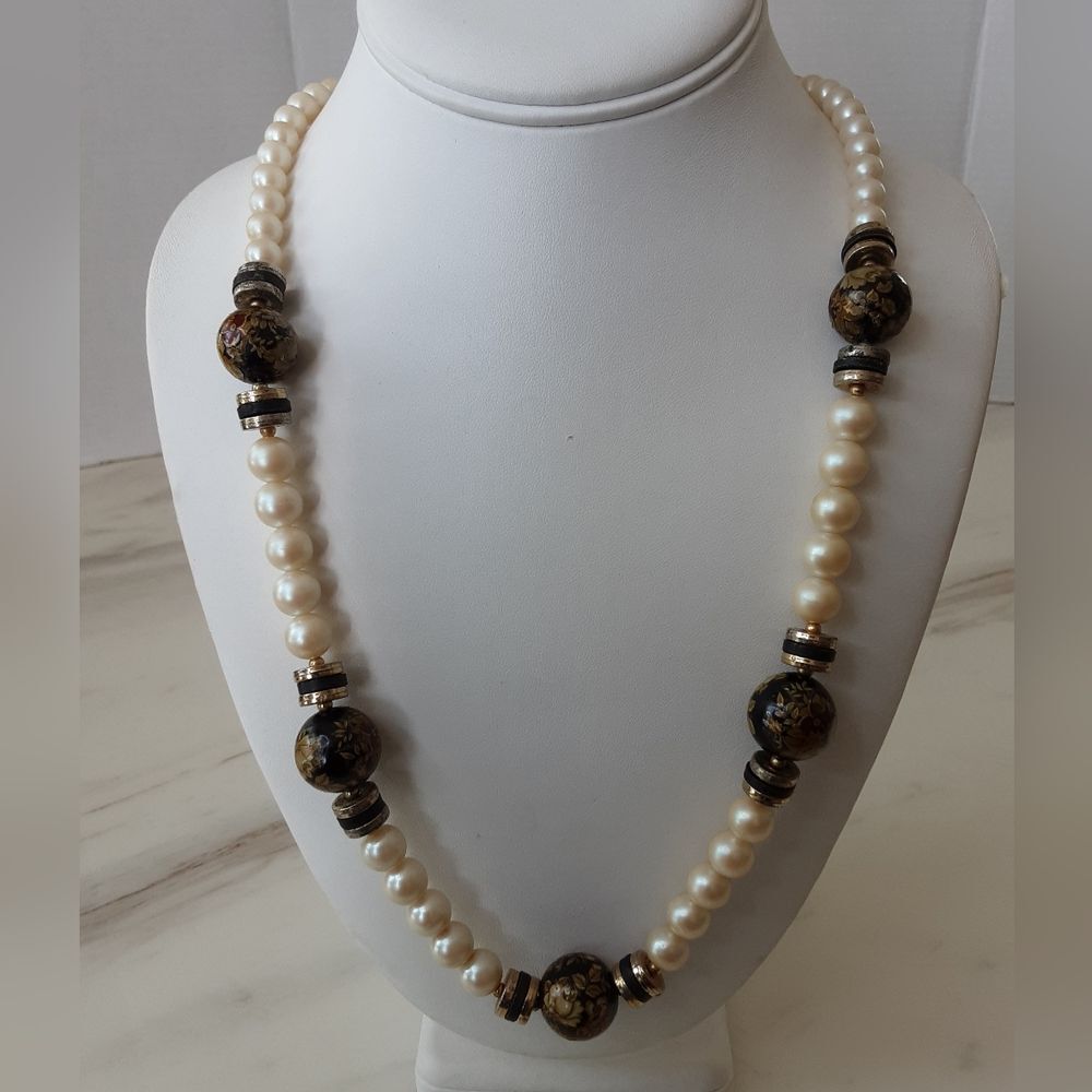 Japan Faux Pearl Floral Cloisonne Bead Necklace 28" - Vtg